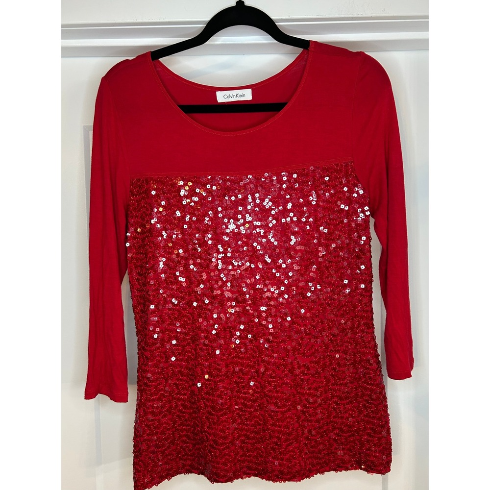 Calvin Klein Red Sequin 3/4 Sleeve Scoop Neck Holiday Party Top Shimmer Cocktail